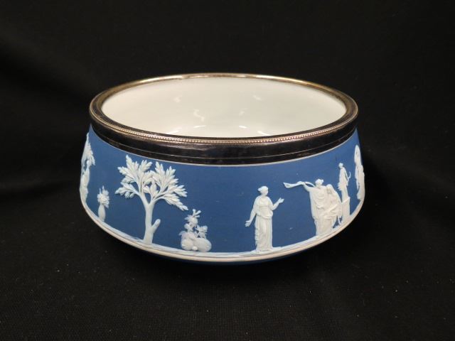 Appraisal: Wedgwood Dark Blue Jasperware Bowl classical figures silverplate rim