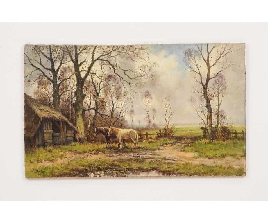 Appraisal: Unframed oil on canvas fall landscape of horses and a