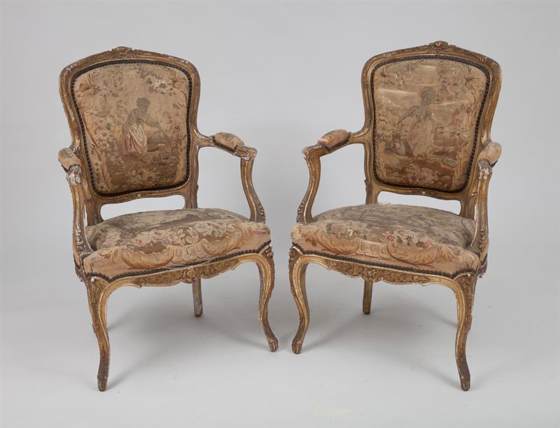 Appraisal: Pair of Louis XV Style Giltwood Fauteuils en Cabriolet With