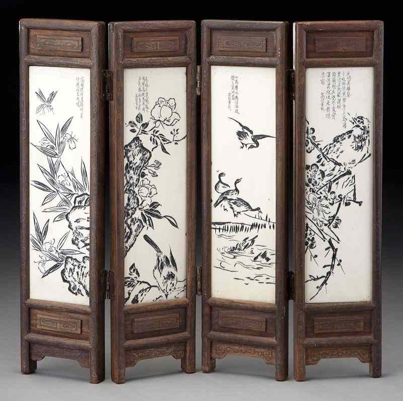 Appraisal: Chinese carved ivory inlaid four panel screen International shipping IS