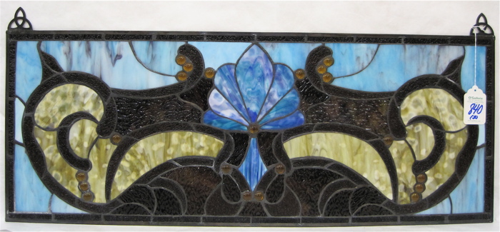 Appraisal: PAIR STAINED AND LEADED GLASS HORIZONTAL WINDOW PANELS Each centered