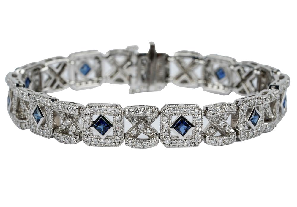 Appraisal: KARAT WHITE GOLD DIAMOND SAPPHIRE BRACELETcontaining square modified brilliant cut