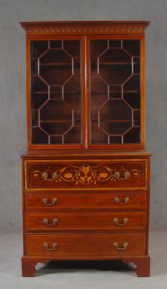 Appraisal: English Inlaid Secretary Early th Century Two glazed -light doors