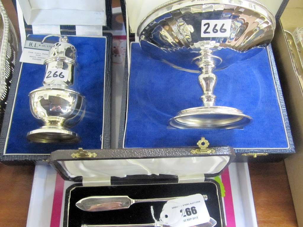 Appraisal: A lot comprising a cased silver tazza sugar castor and