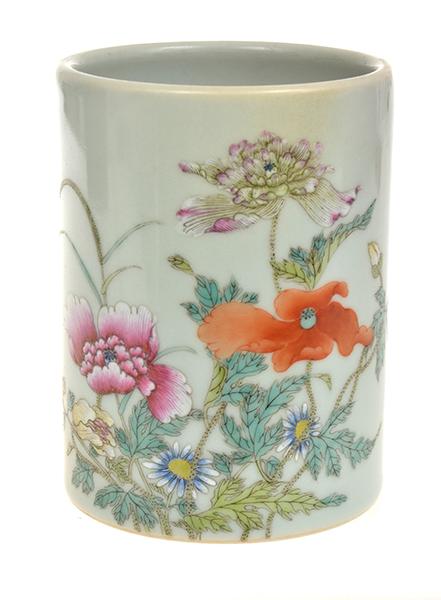 Appraisal: CHINESE CELADON BRUSH POT WITH ENAMELLED FAMILLE ROSE DECORATION CM