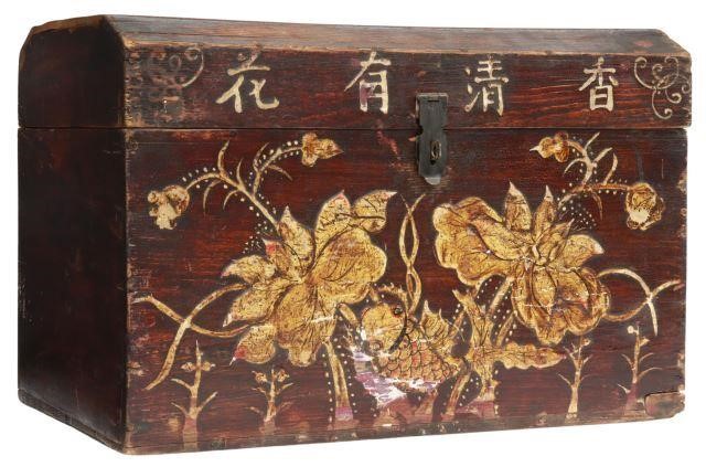 Appraisal: Chinese lacquered wood box with Chinese characters lotus and Koi