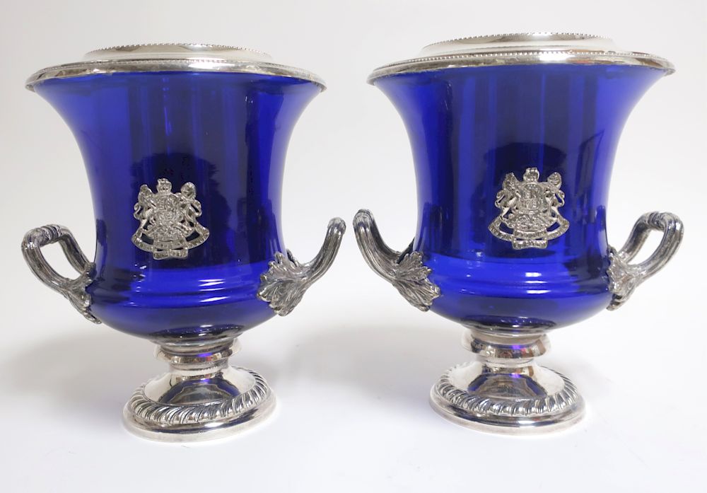 Appraisal: Pair Blue Glass Silver Plate Wine Coolers English punch marks