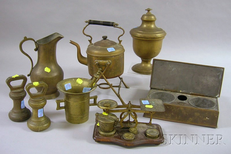 Appraisal: Nine Assorted Brass Articles two weights a pitcher scale mortar