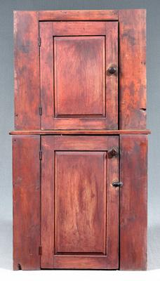 Appraisal: Red painted pine step back cupboard two paneled doors opening