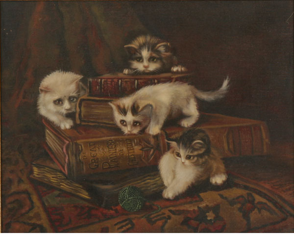 Appraisal: Gruber European th century still life with kittens oil on