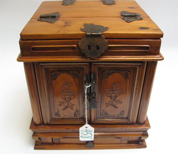 Appraisal: DECORATIVE CHINESE WOOD VANITY BOX top lifts to reveal attached