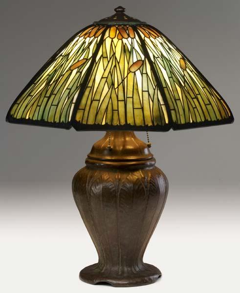 Appraisal: HANDEL Large and exceptional cattail table lamp its bulbous three-socket