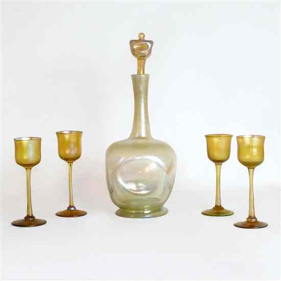 Appraisal: An American Tiffany Studios Favrile Glass Decanter Four Stemmed Cordials