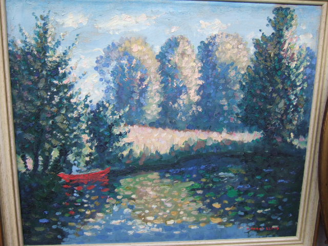 Appraisal: Norman Lloyd th century Wooded lake scene oil on canvas