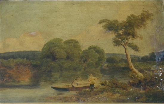 Appraisal: Early th century lake landscape with boat and figures oil