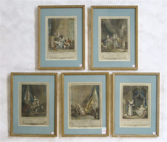 Appraisal: FIVE HAND COLORED ENGRAVINGS French interior scenes designed by Sigmond