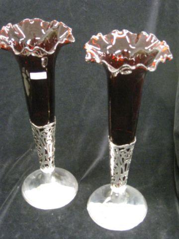 Appraisal: Pair of Manchester Sterling Silver Vases ruby glass inserts fancy