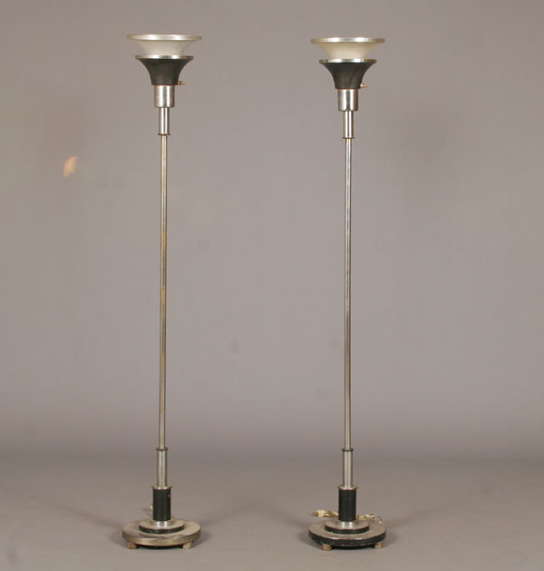 Appraisal: Art deco polished metal torchiere lamps contrasting shade and base