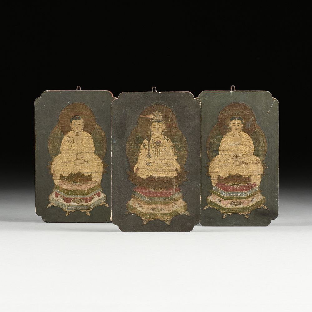 Appraisal: A GROUP OF THREE EAST ASIAN THANGKA FRAGMENTS ON WOOD