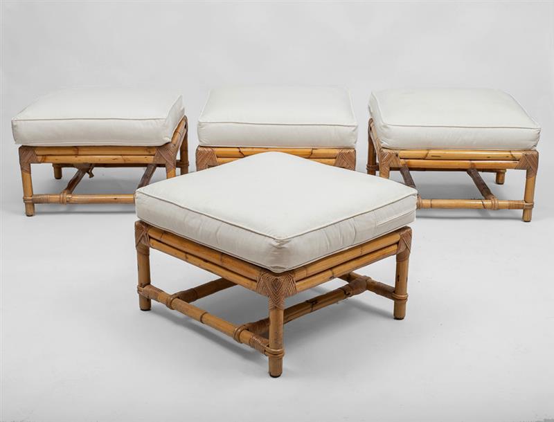 Appraisal: Set of Four Bamboo and Upholstered Stools x x in