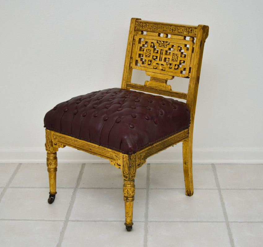 Appraisal: DIMINUTIVE CARVED GILT WOOD CHAIR Carved and pierced back with