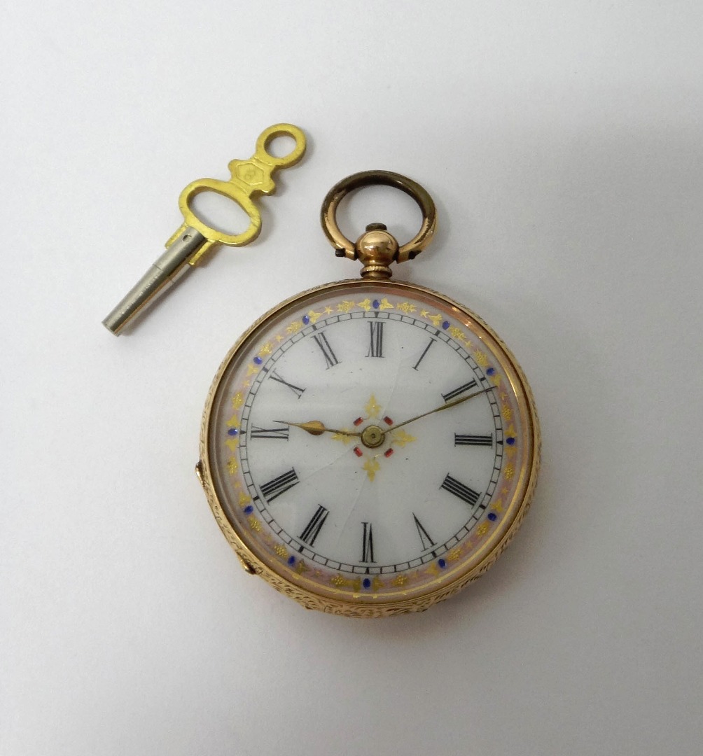 Appraisal: A lady's gold cased key wind openfaced fob watch with