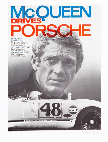 Appraisal: A limited edition McQueen Drives Porsche poster by E Strenger