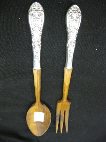 Appraisal: Sterling Silver Salad Serving Set wooden ends long