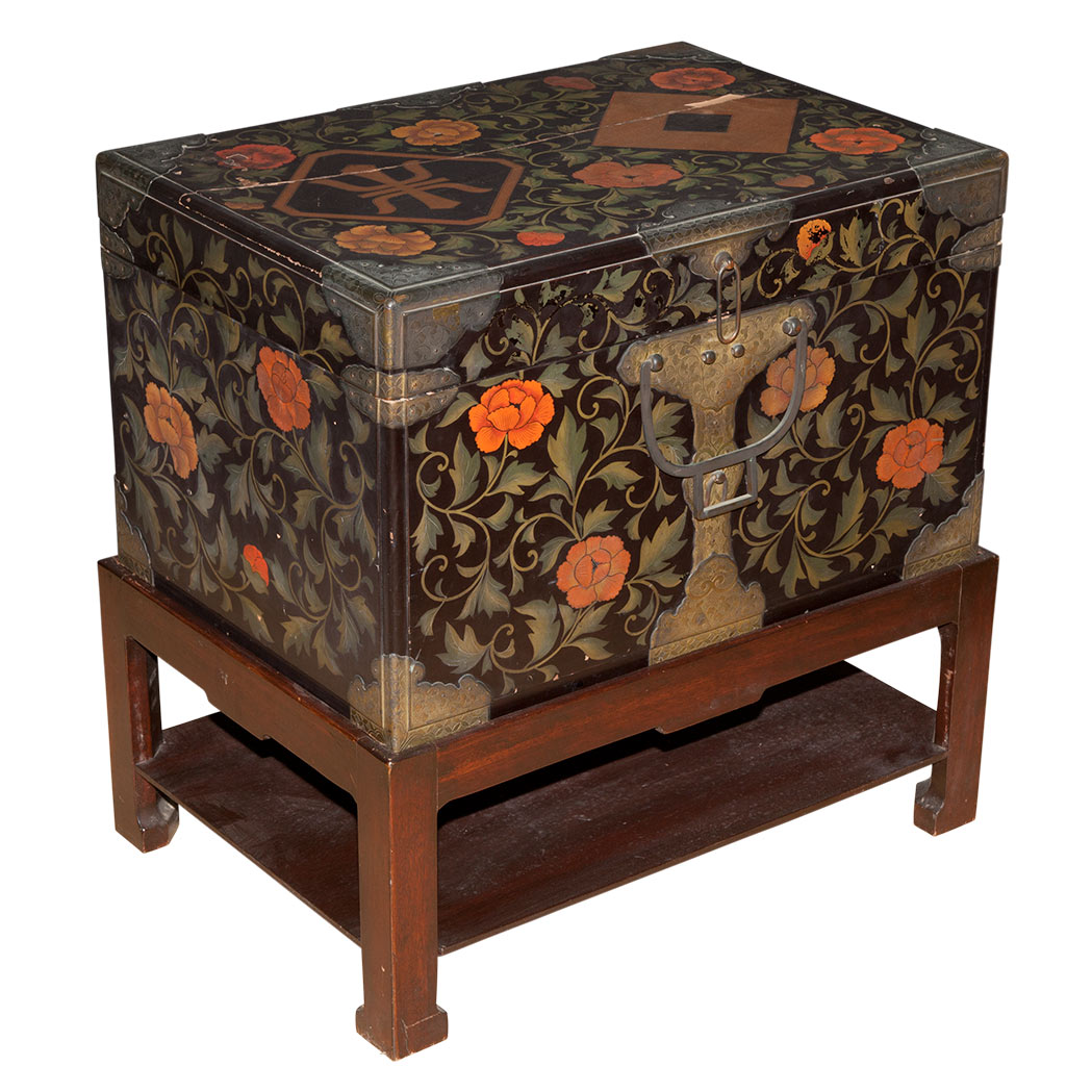 Appraisal: Japanese Lacquered Box and Stand th Century Height overall inches