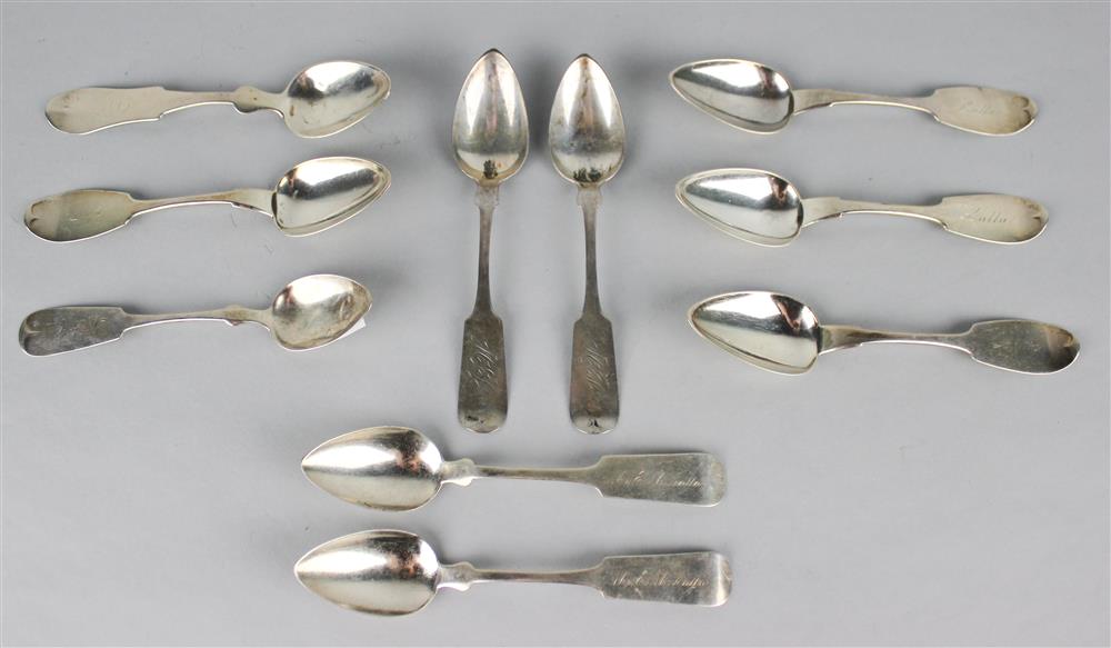 Appraisal: TEN COIN SILVER SPOONS by assorted silversmiths in similar forms