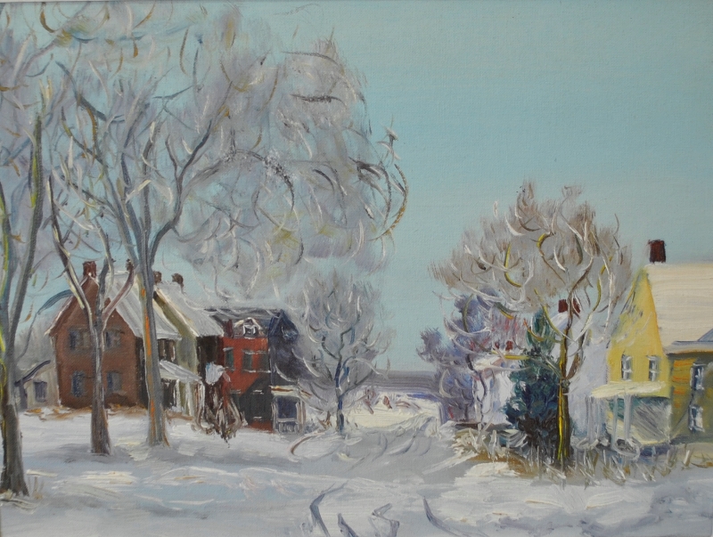 Appraisal: - Oil on artist board painting of a village snow