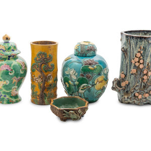 Appraisal: Five Chinese Polychrome Glazed Porcelain and Ceramic Wares comprising a