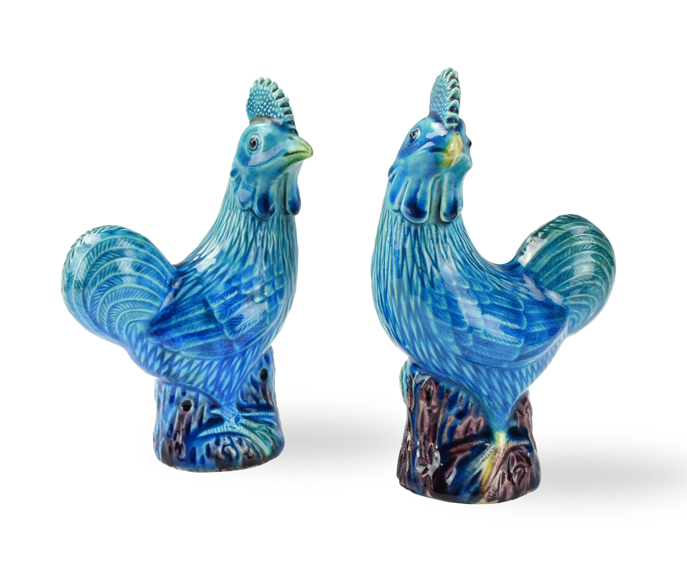 Appraisal: PAIR OF TURQOUISE GLAZED COCKERELS FIGURE TH C Chinese th