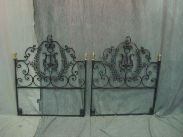 Appraisal: Pairs of Metal Headboards pair are lyre decorated with brass