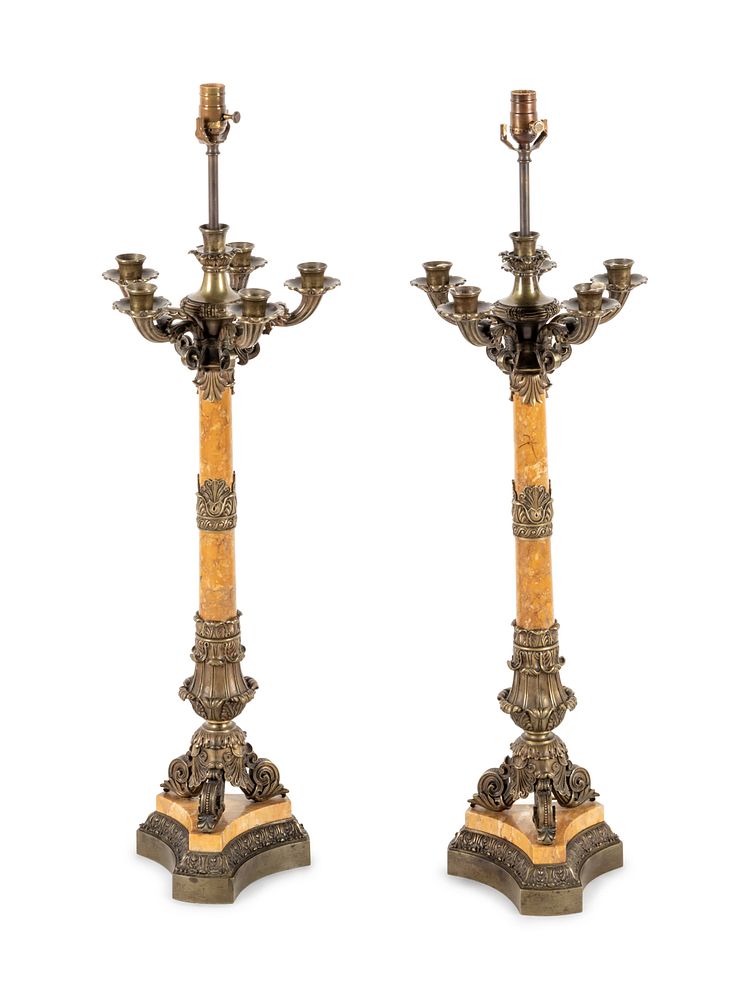 Appraisal: A Pair of Charles X Bronze and Marble Six-Light Candelabra