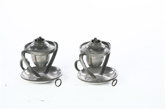 Appraisal: PAIR OF PEWTER GIMBAL LAMPS Probably American mid th century