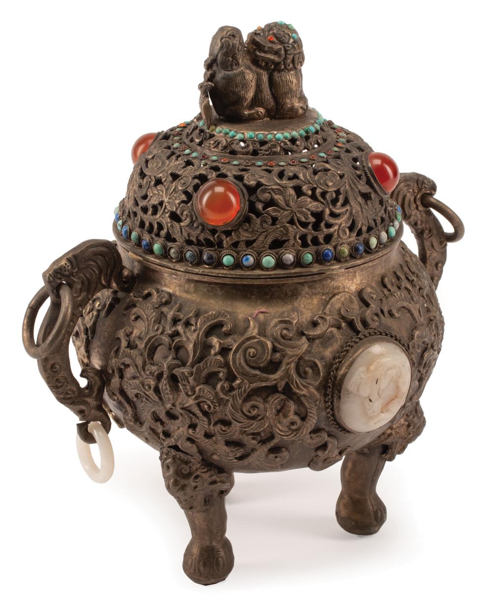 Appraisal: Chinese Jade and Hardstone-Inset Silvered Bronze Covered Tripod Censer Qing