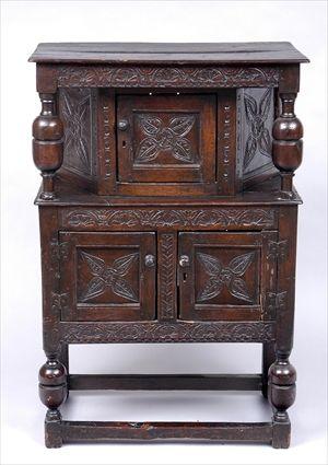 Appraisal: JACOBEAN CARVED OAK SMALL COURT CUPBOARD The rectangular top above