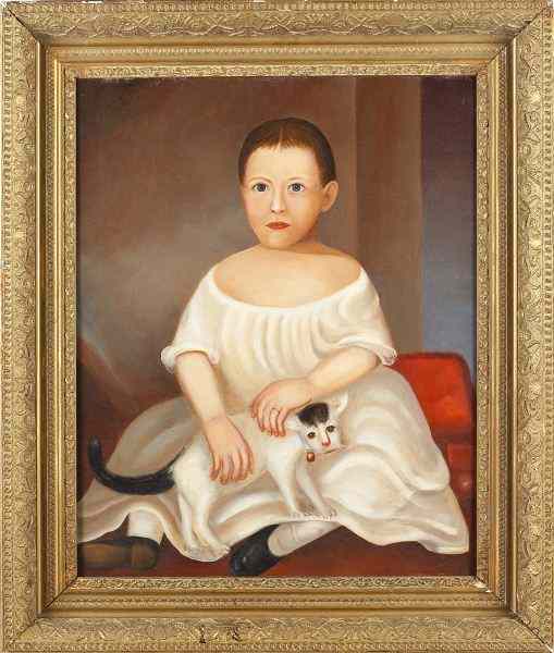 Appraisal: American Folk Art Portrait of a Child with Catoil on