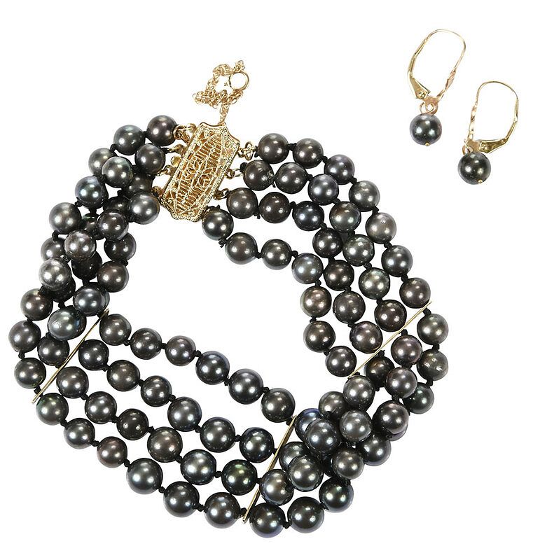 Appraisal: kt Pearl Set bracelet knotted multi-strand black greenish purplish pearls