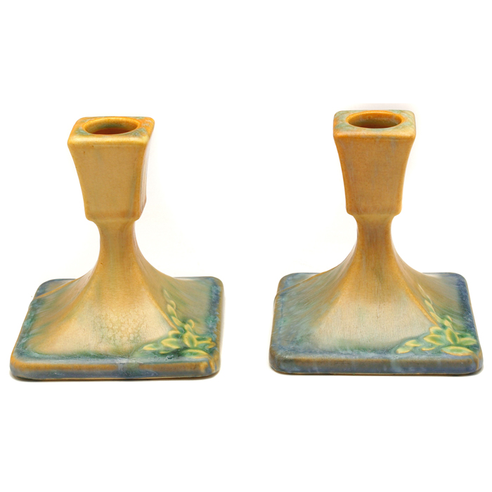 Appraisal: Roseville Futura candlesticks pair blue green and tan with leaf