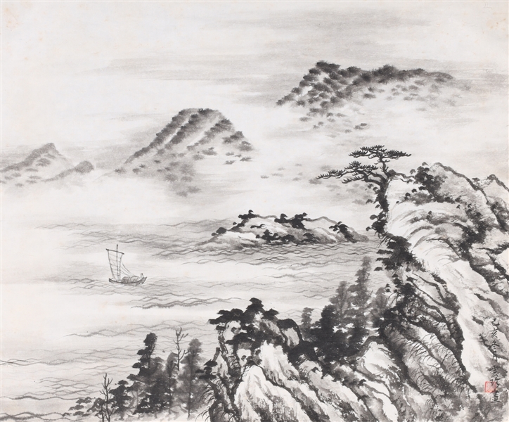 Appraisal: Chinese black and white ink on paper featuring a lake