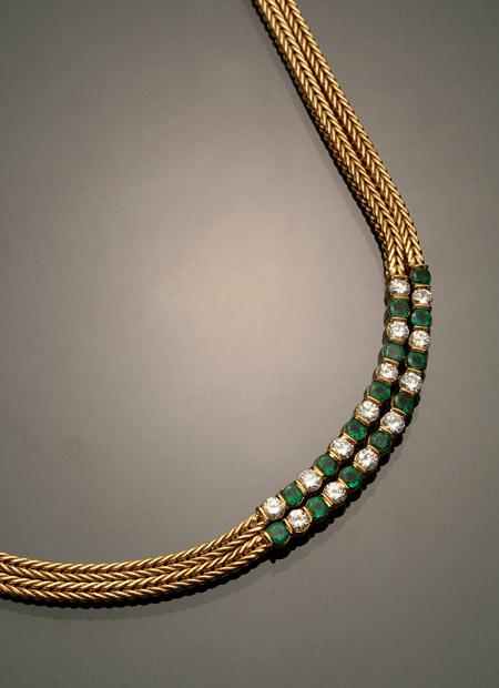 Appraisal: Choker Length -Karat Yellow-Gold Diamond and Emerald Necklace The double