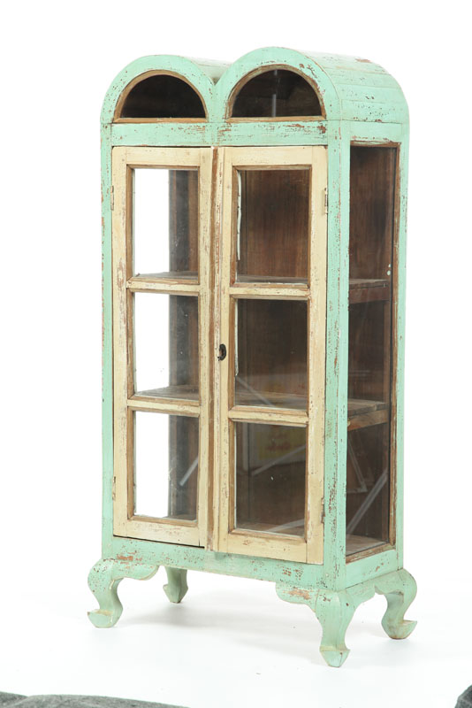 Appraisal: SMALL FOLKSY CABINET Double arched top with three pane glazed