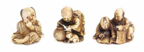 Appraisal: Three Ivory Netsuke comprising a man with a pup and