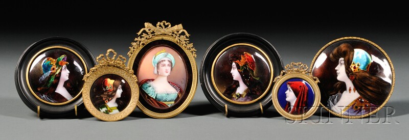 Appraisal: Six Framed Enamel on Copper Portrait Miniatures France th century