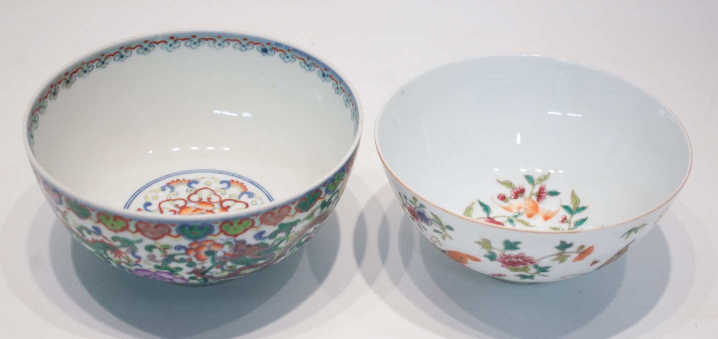 Appraisal: TWO CHINESE HAND ENAMELED PORCELAIN BOWLS one having butterfly and