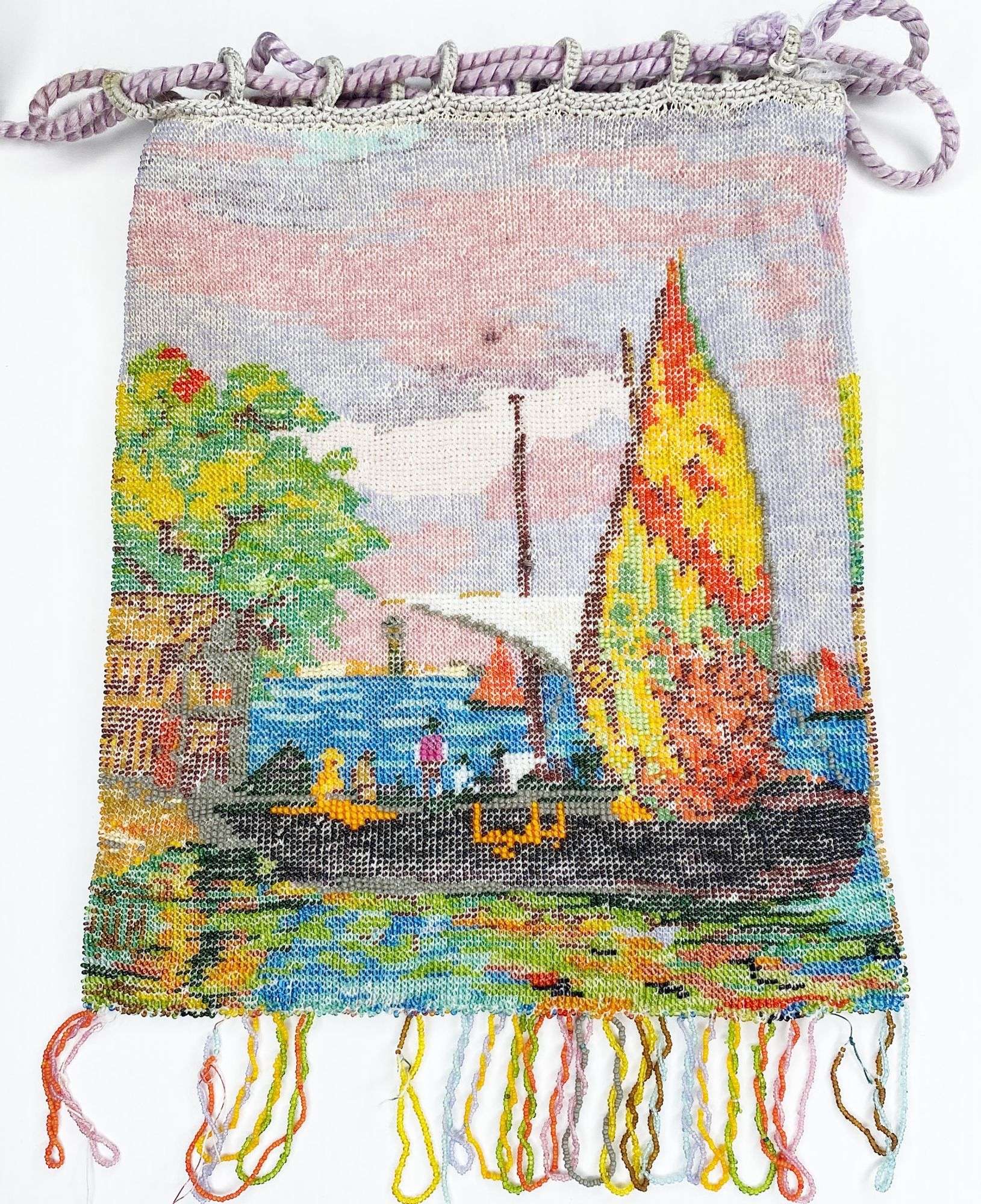 Appraisal: Micro Beaded Draw String Purse with ship at Port long