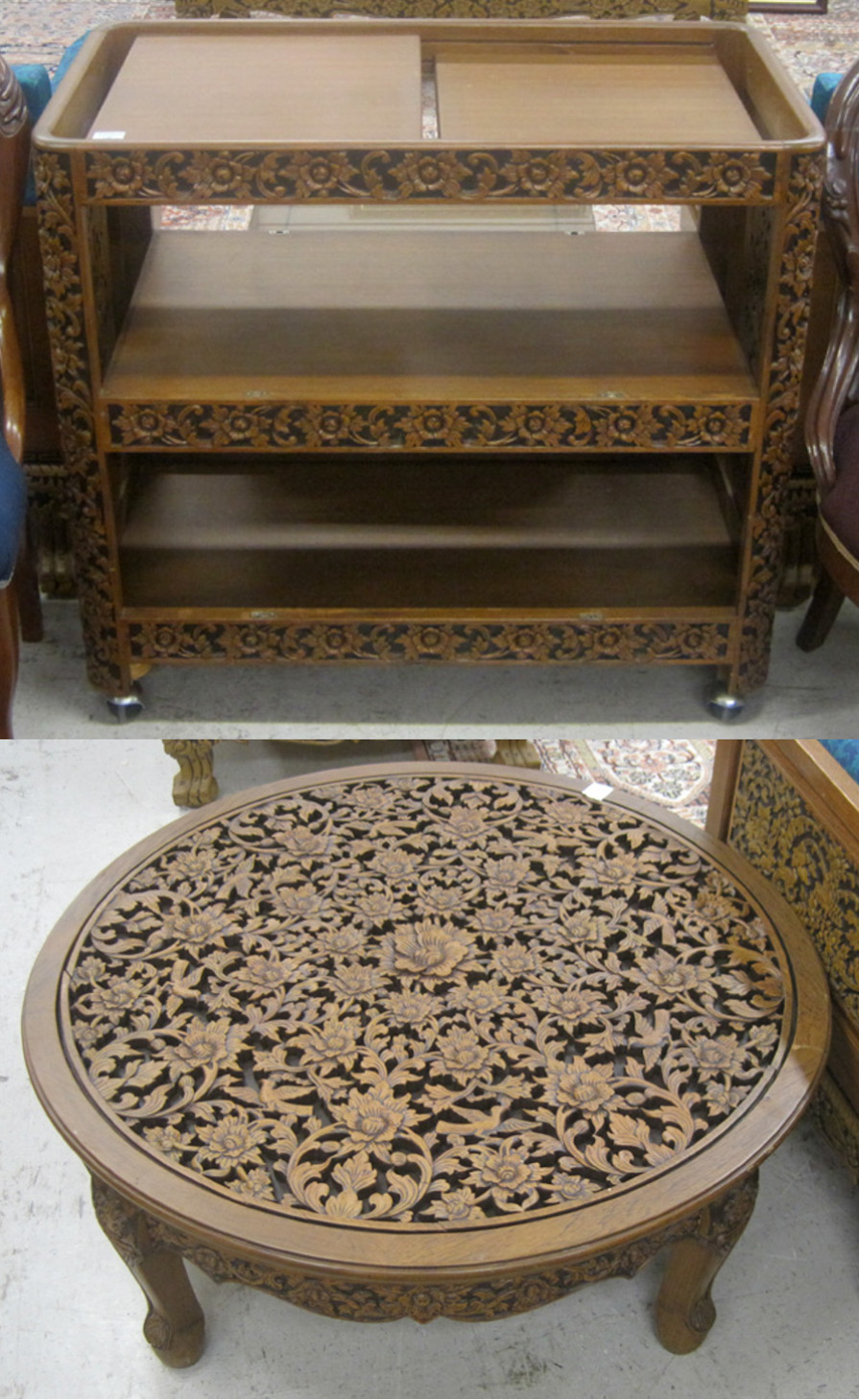 Appraisal: RELIEF-CARVED TEAKWOOD COFFEE TABLE AND MATCHING TEACART Thailand mid th