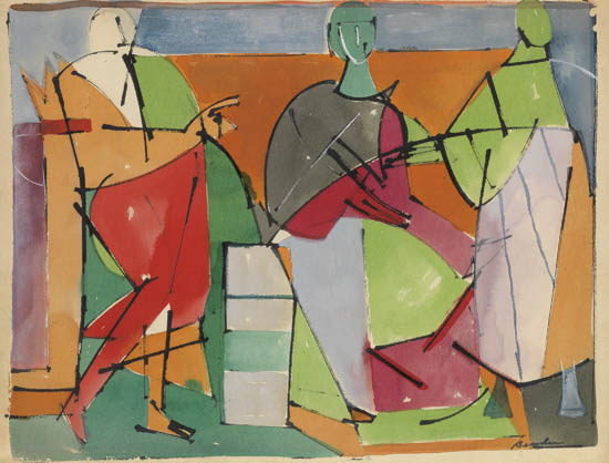 Appraisal: ROMARE BEARDEN - Untitled Three Figures Watercolor brush and ink